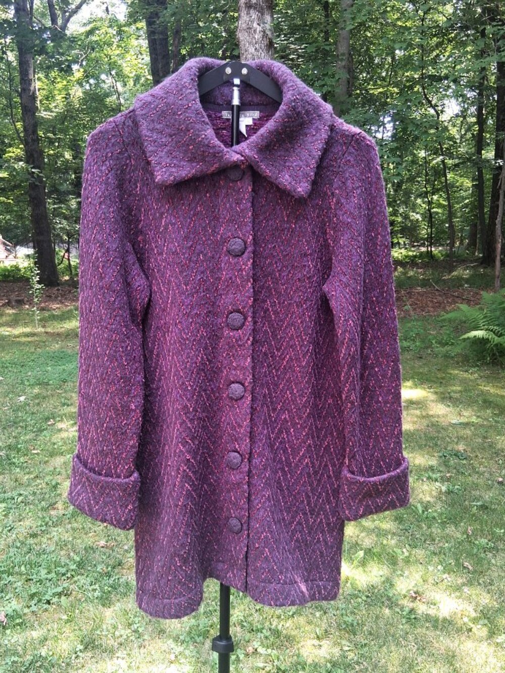 ISABELLA BIRD Wool Blend Knit Sweater Coat Jacket Purple Chevron - Size S